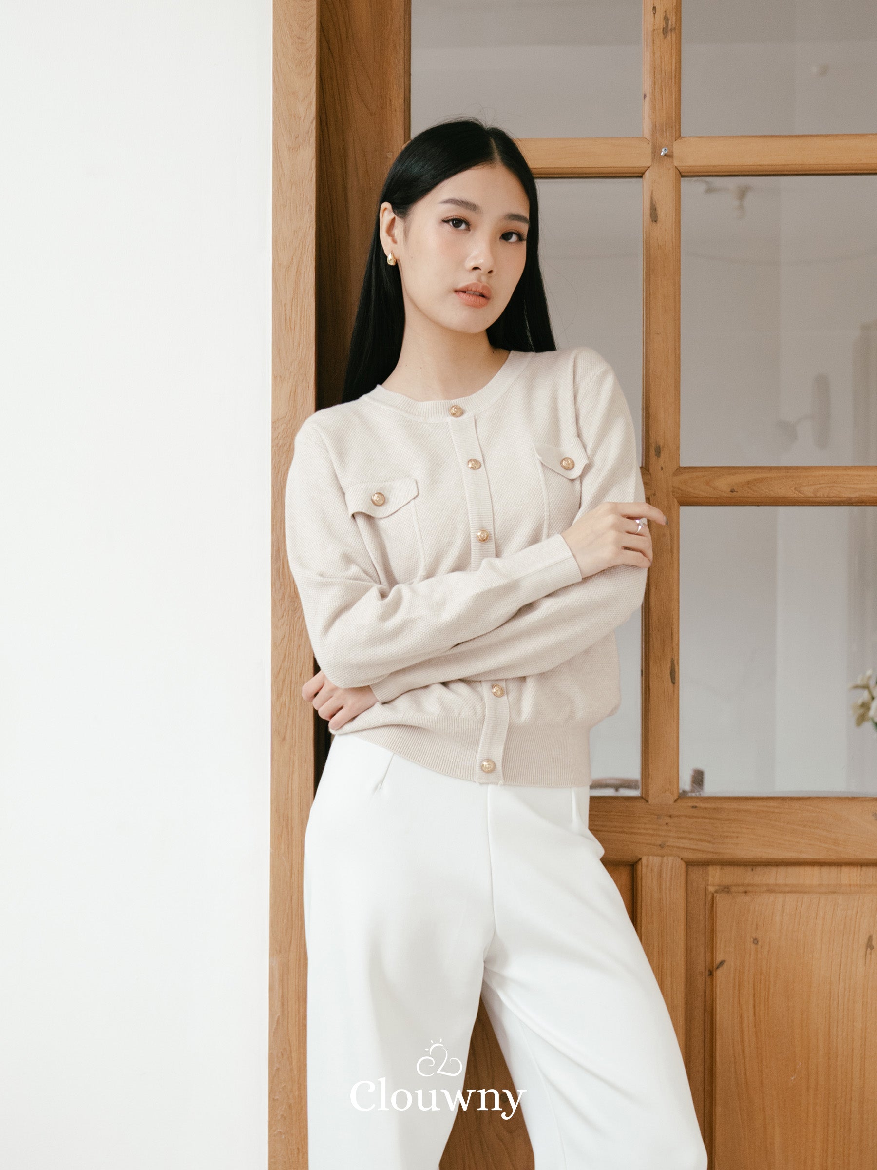 Pomp Button Top - Khaki